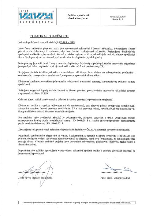 Dokument politika jakosti a ochrany životního prostředí společnosti Josef Vávra